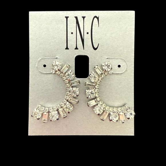 INC for Macy’s Silver-Tone Round and Baguette-Crystal Curve Drop Earrings - Picture 1 of 4
